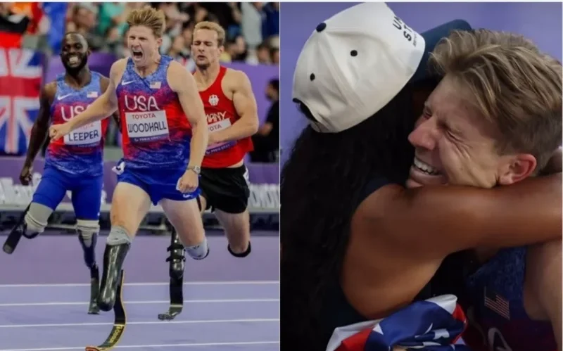 You are currently viewing Hunter Woodhall & Wife Tara Davis-Woodhall Embrace After His Gold Medal Triumph at the Paralympics